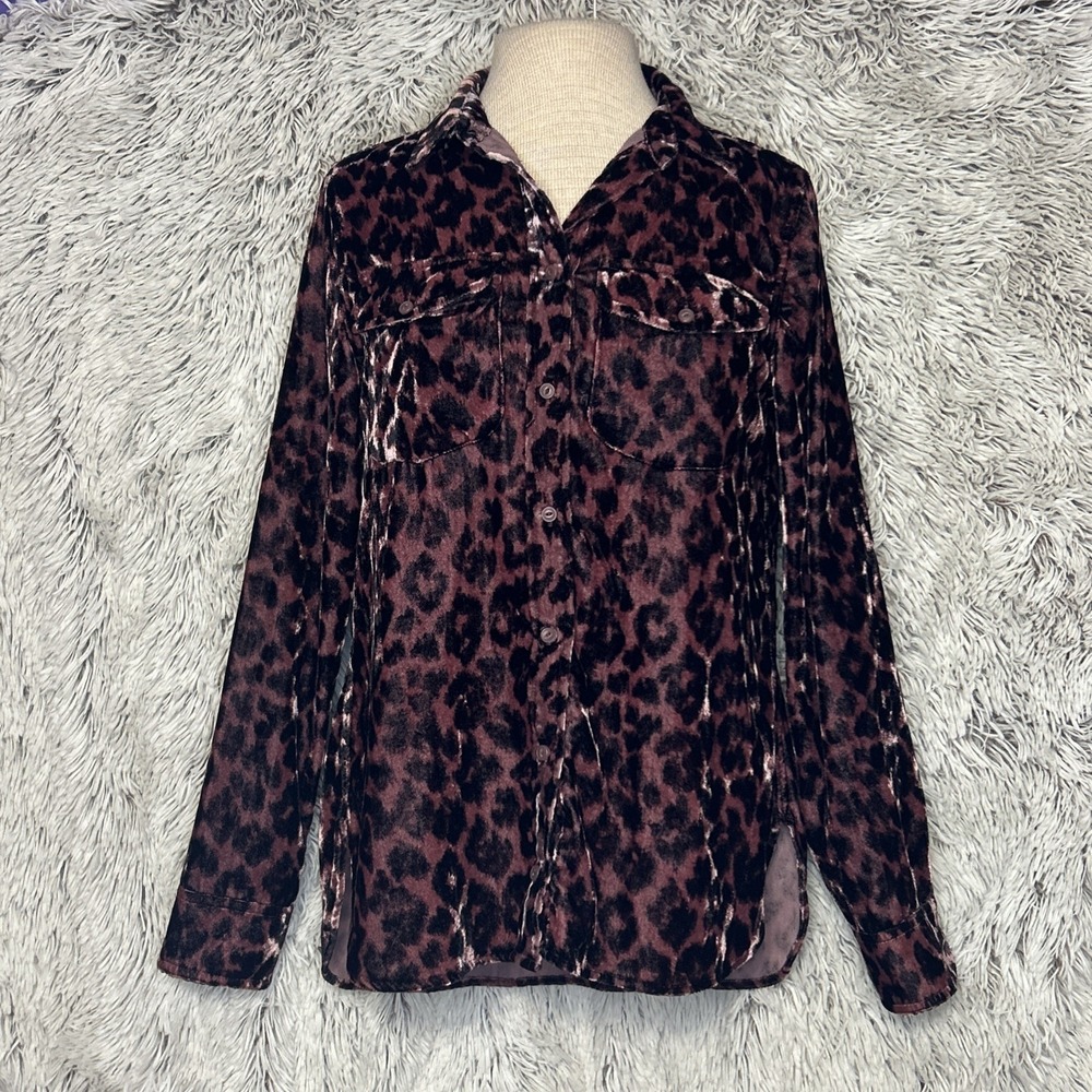J. Crew Velour Button Up Long Sleeve Shirt Black Dusty Pink Animal Print Size 2